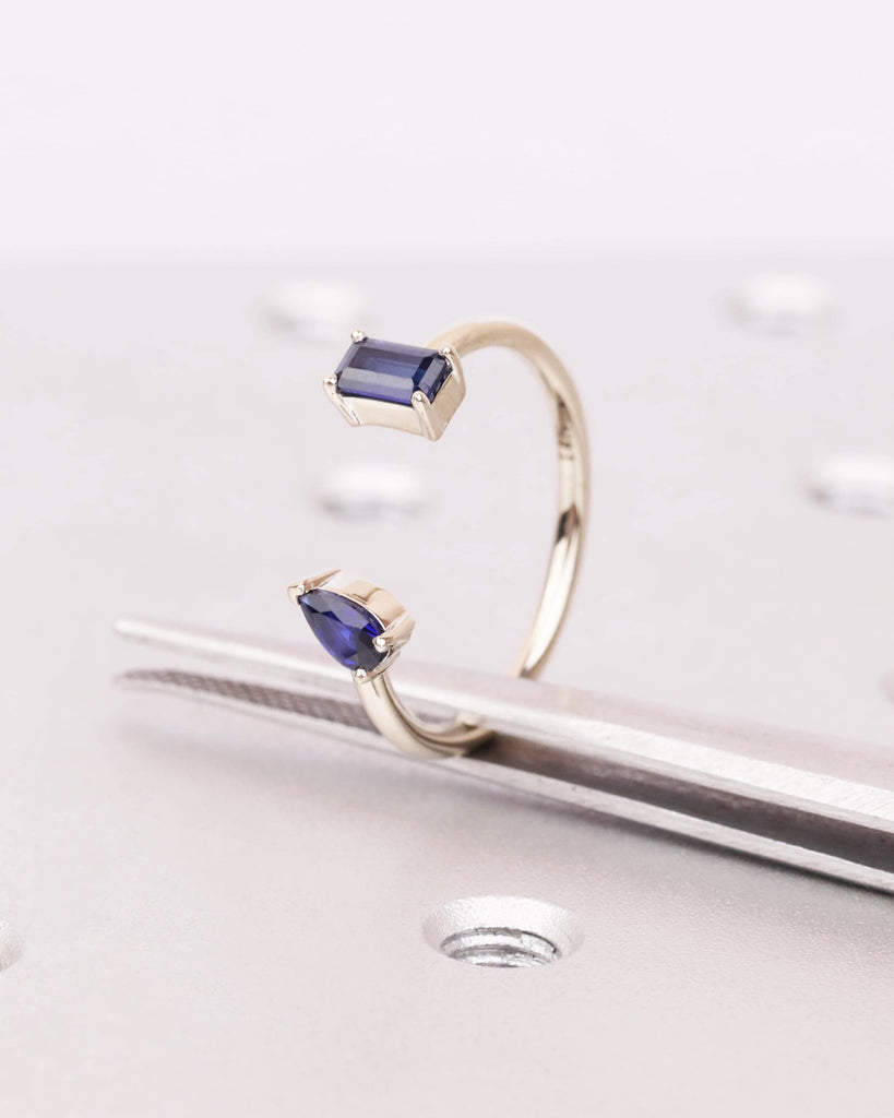 Pear and Emerald cut Blue Sapphire Ring, 14K Solid Gold Sapphire Engagement Ring, Toi et Moi Ring, Two Stone Ring, Custom Open Stacking Ring image #7