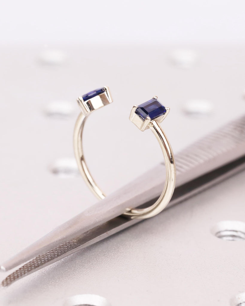 Solid Gold Blue Sapphire Open Ring, Toi et Moi Engagement Ring, Pear & Emerald Cut Two Stone Ring, September Birthstone Promise Ring for Her image #9