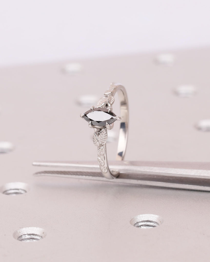 Salt and Pepper Diamond Marquise Ring, Art Deco Floral Engagement Ring, Platinum Jewelry image #10