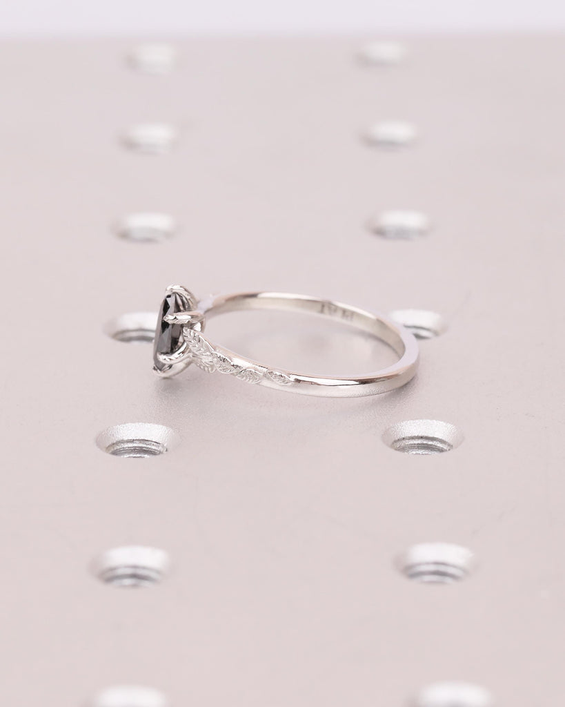 Marquise Salt and Pepper Diamond Engagement Ring, Vintage Nature Inspired Ring, Platinum Promise Rings for Women, Solitaire Handmade Jewelry image #11