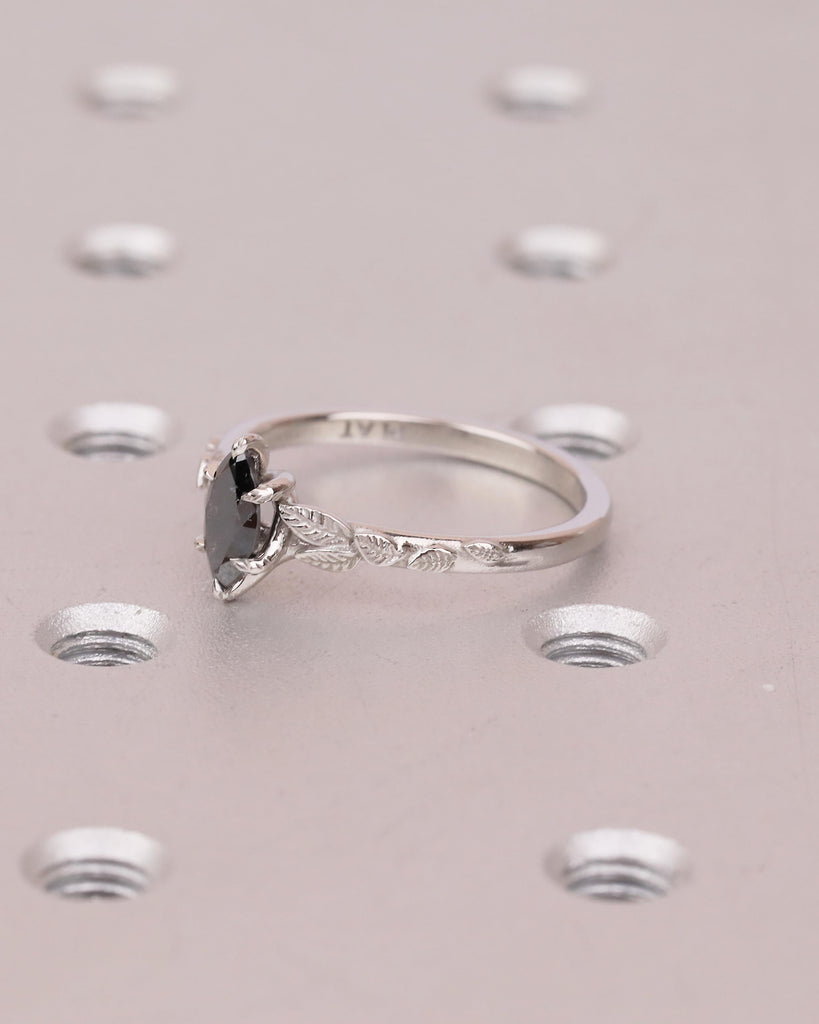 Marquise Salt and Pepper Diamond Engagement Ring, Vintage Nature Inspired Ring, Platinum Promise Rings for Women, Solitaire Handmade Jewelry image #9