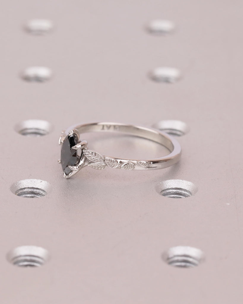 Salt and Pepper Diamond Marquise Ring, Art Deco Floral Engagement Ring, Platinum Jewelry image #9