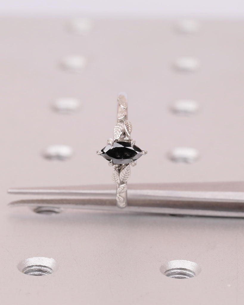 Marquise Salt and Pepper Diamond Engagement Ring, Vintage Nature Inspired Ring, Platinum Promise Rings for Women, Solitaire Handmade Jewelry image #3