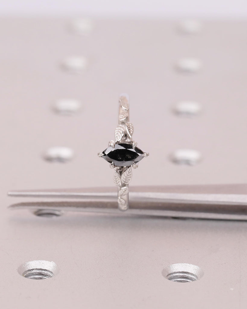 Salt and Pepper Diamond Marquise Ring, Art Deco Floral Engagement Ring, Platinum Jewelry image #3