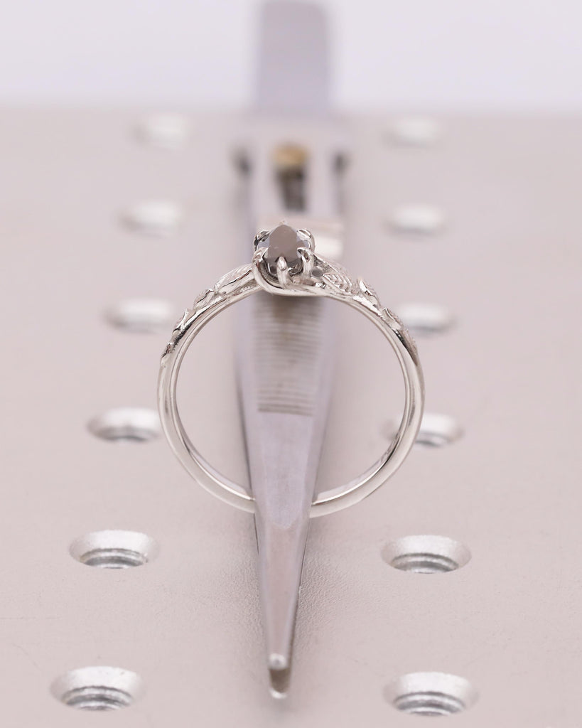 Marquise Salt and Pepper Diamond Engagement Ring, Vintage Nature Inspired Ring, Platinum Promise Rings for Women, Solitaire Handmade Jewelry image #7