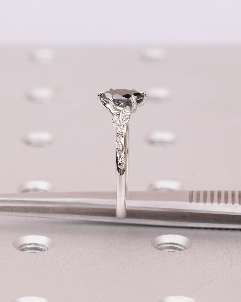 Marquise Salt and Pepper Diamond Engagement Ring, Vintage Nature Inspired Ring, Platinum Promise Rings for Women, Solitaire Handmade Jewelry image #12