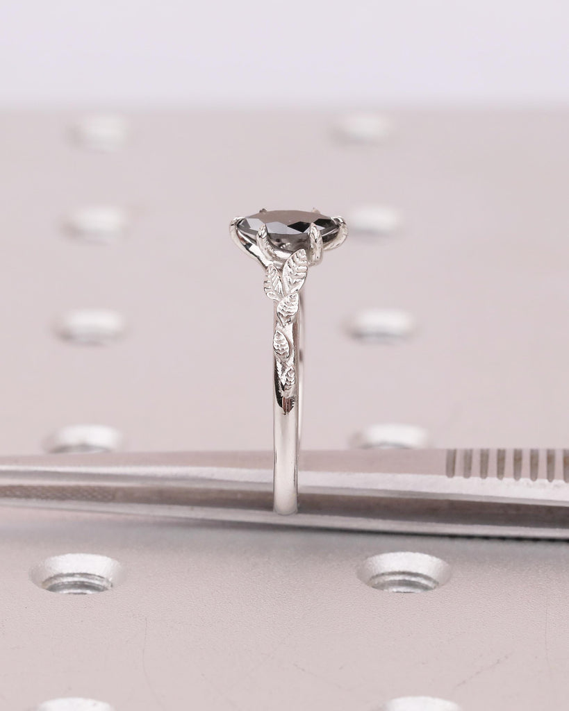 Salt and Pepper Diamond Marquise Ring, Art Deco Floral Engagement Ring, Platinum Jewelry image #12