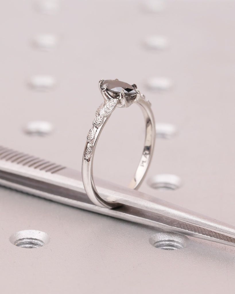 Marquise Salt and Pepper Diamond Engagement Ring, Vintage Nature Inspired Ring, Platinum Promise Rings for Women, Solitaire Handmade Jewelry image #5