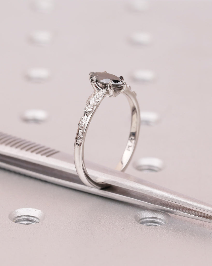 Salt and Pepper Diamond Marquise Ring, Art Deco Floral Engagement Ring, Platinum Jewelry image #5