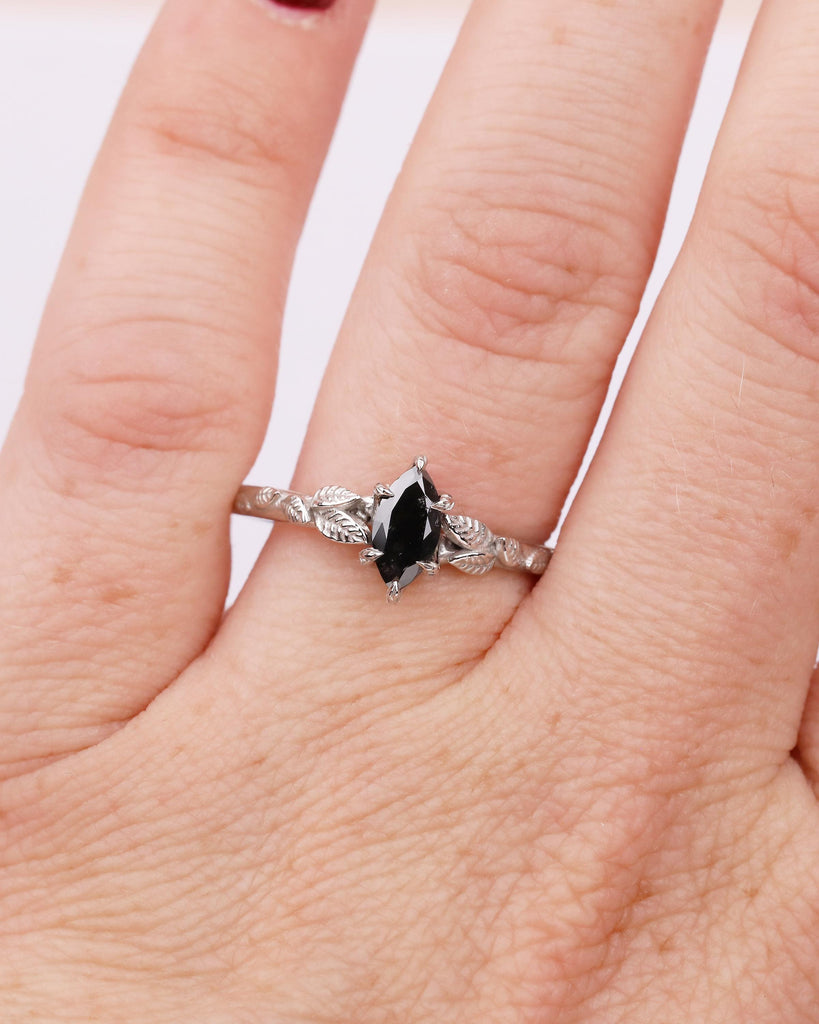 Salt and Pepper Diamond Marquise Ring, Art Deco Floral Engagement Ring, Platinum Jewelry image #18