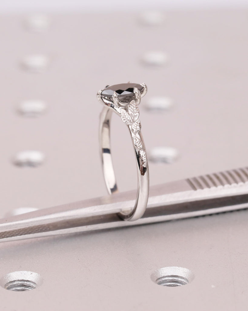 Marquise Salt and Pepper Diamond Engagement Ring, Vintage Nature Inspired Ring, Platinum Promise Rings for Women, Solitaire Handmade Jewelry image #17
