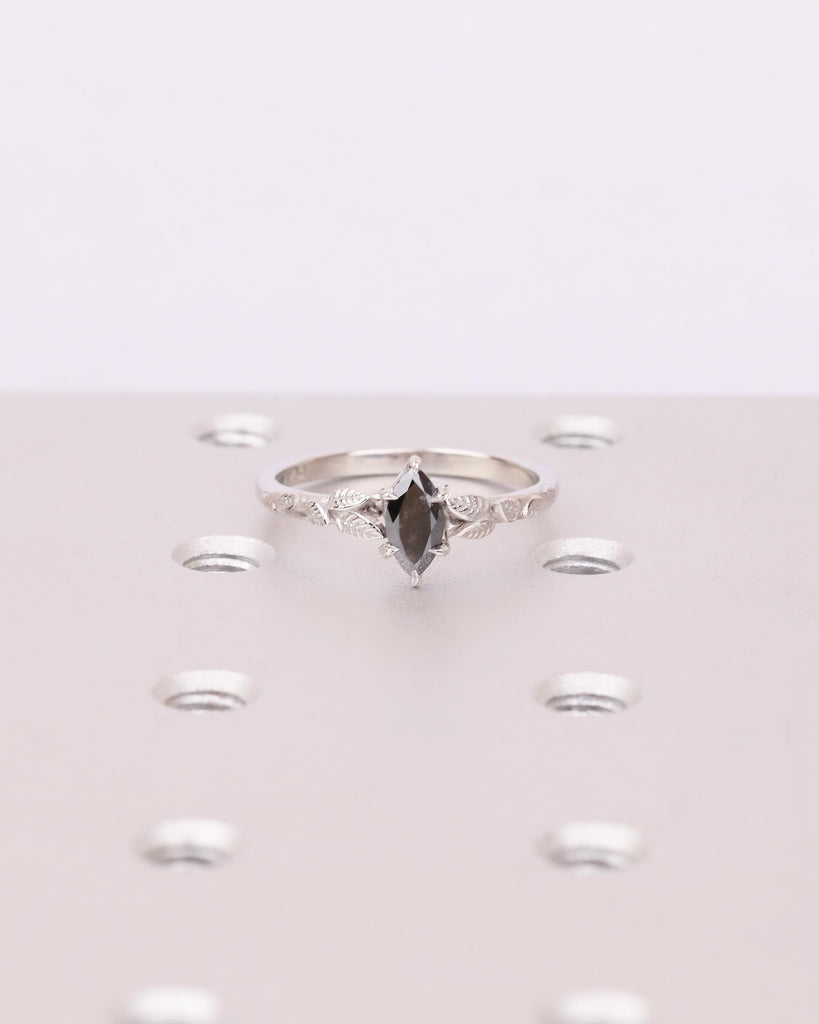 Marquise Salt and Pepper Diamond Engagement Ring, Vintage Nature Inspired Ring, Platinum Promise Rings for Women, Solitaire Handmade Jewelry image #15