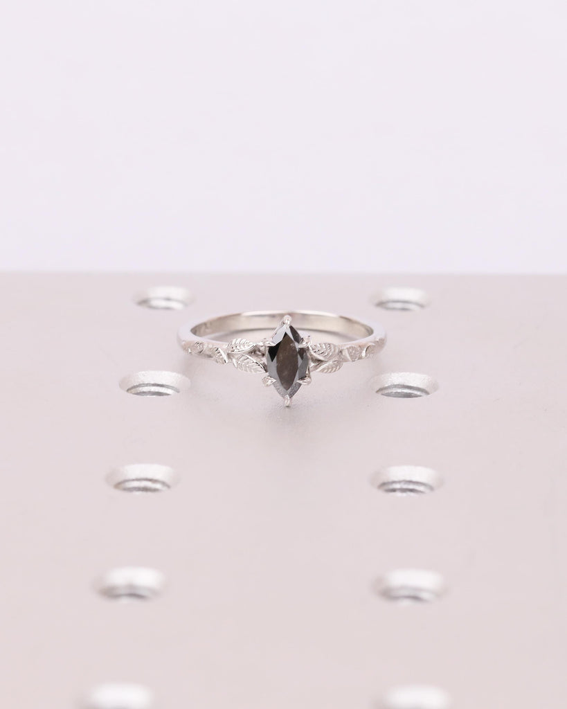 Salt and Pepper Diamond Marquise Ring, Art Deco Floral Engagement Ring, Platinum Jewelry image #15