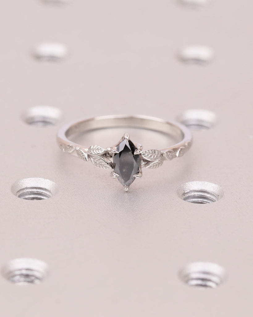 Marquise Salt and Pepper Diamond Engagement Ring, Vintage Nature Inspired Ring, Platinum Promise Rings for Women, Solitaire Handmade Jewelry image #8