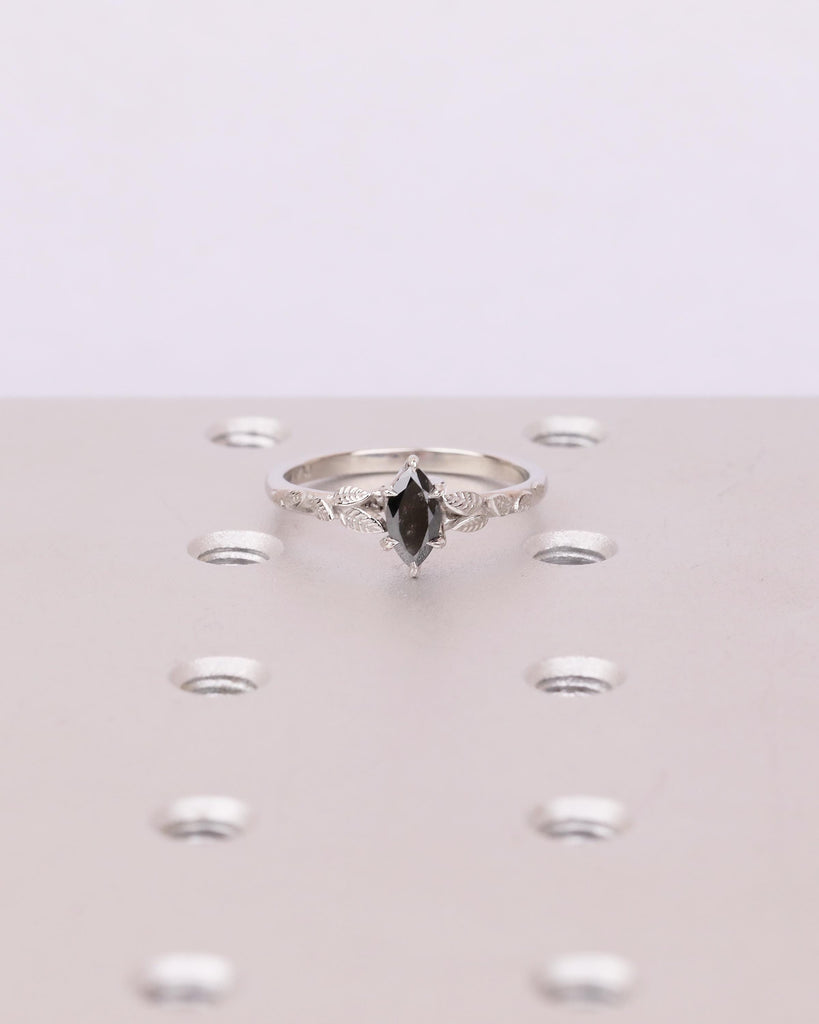 Salt and Pepper Diamond Marquise Ring, Art Deco Floral Engagement Ring, Platinum Jewelry image #2