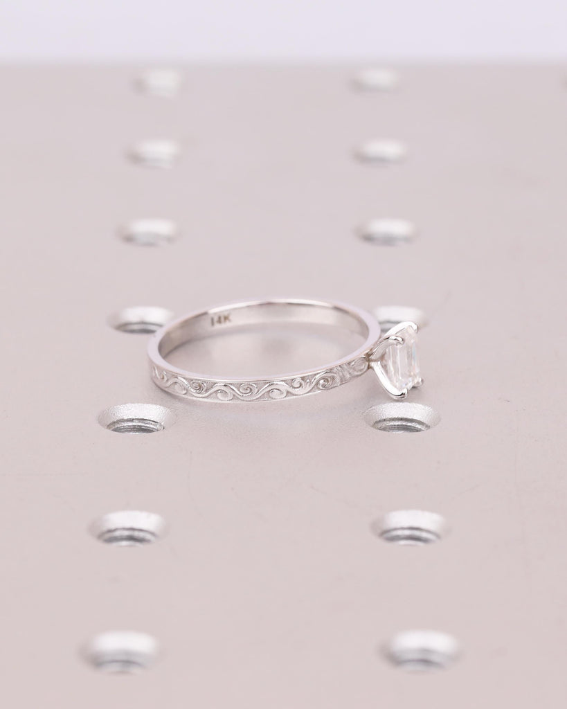 Moissanite Solitaire Engagement Ring, Emerald Cut 14k Solid Gold Filigree Ring image #9