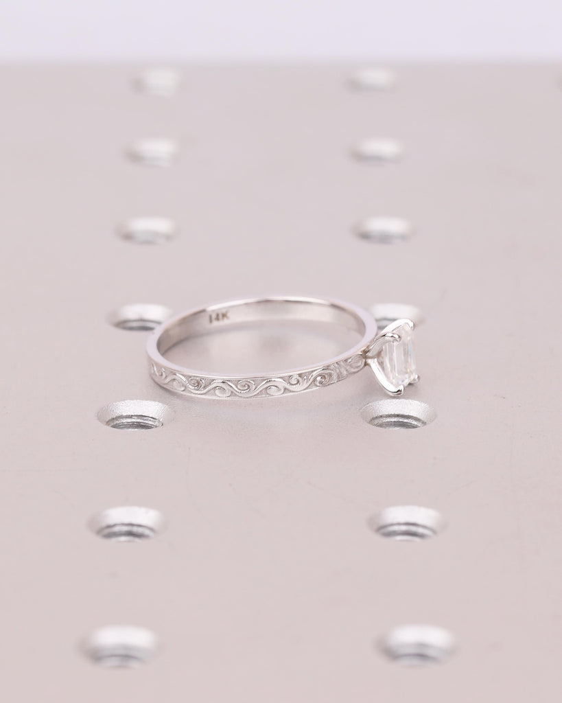 Emerald Cut Engagement Ring, Vintage Moissanite Promise Ring for Her, 14k White Gold Art Deco Scrollwork Band, Solitaire Anniversary Rings image #9