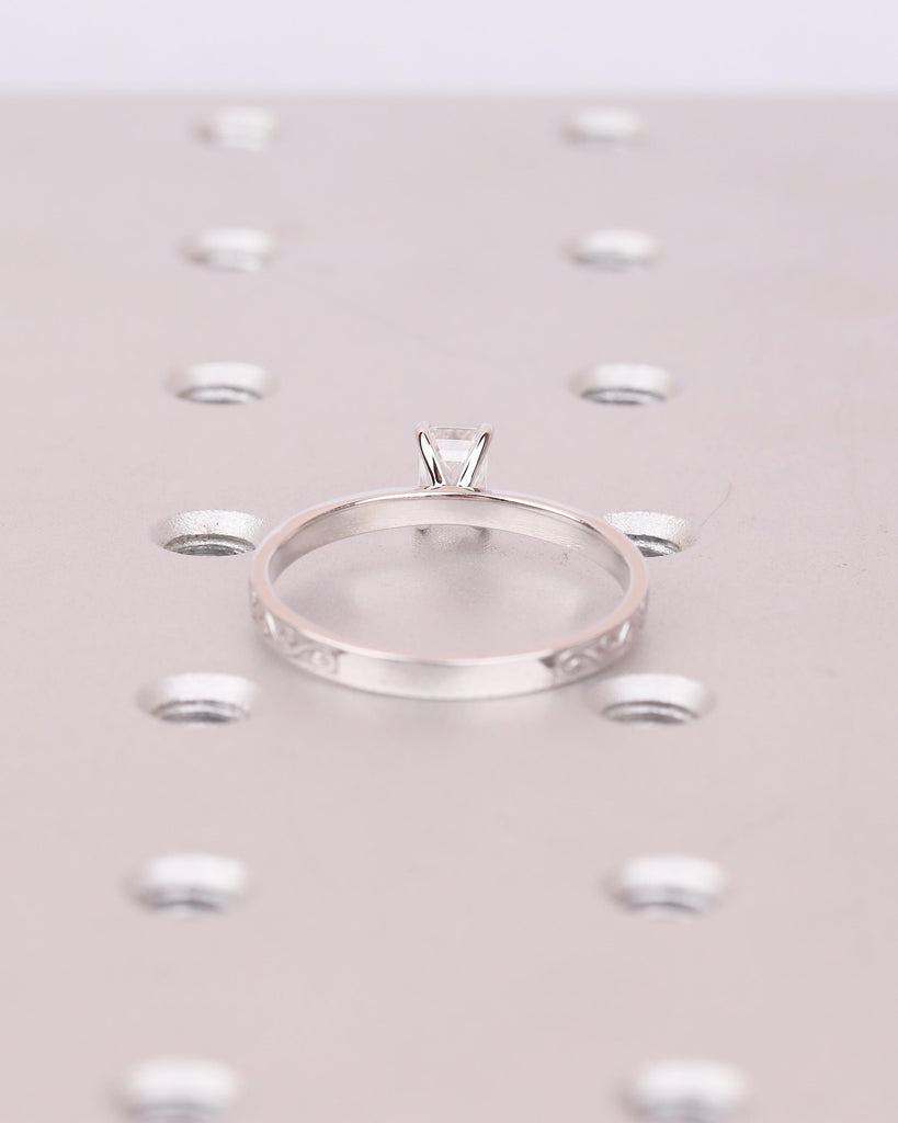 Moissanite Solitaire Engagement Ring, Emerald Cut 14k Solid Gold Filigree Ring image #6