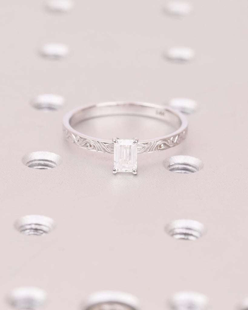 Emerald Cut Engagement Ring, Vintage Moissanite Promise Ring for Her, 14k White Gold Art Deco Scrollwork Band, Solitaire Anniversary Rings image #12