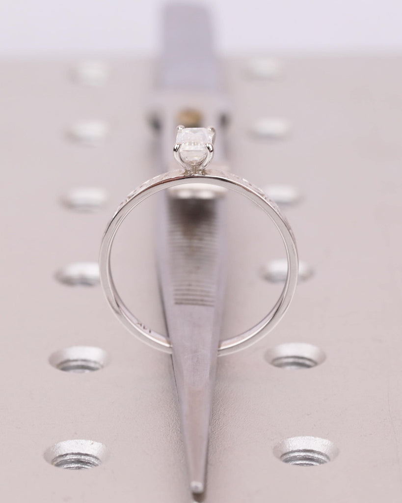 Emerald Cut Engagement Ring, Vintage Moissanite Promise Ring for Her, 14k White Gold Art Deco Scrollwork Band, Solitaire Anniversary Rings image #7