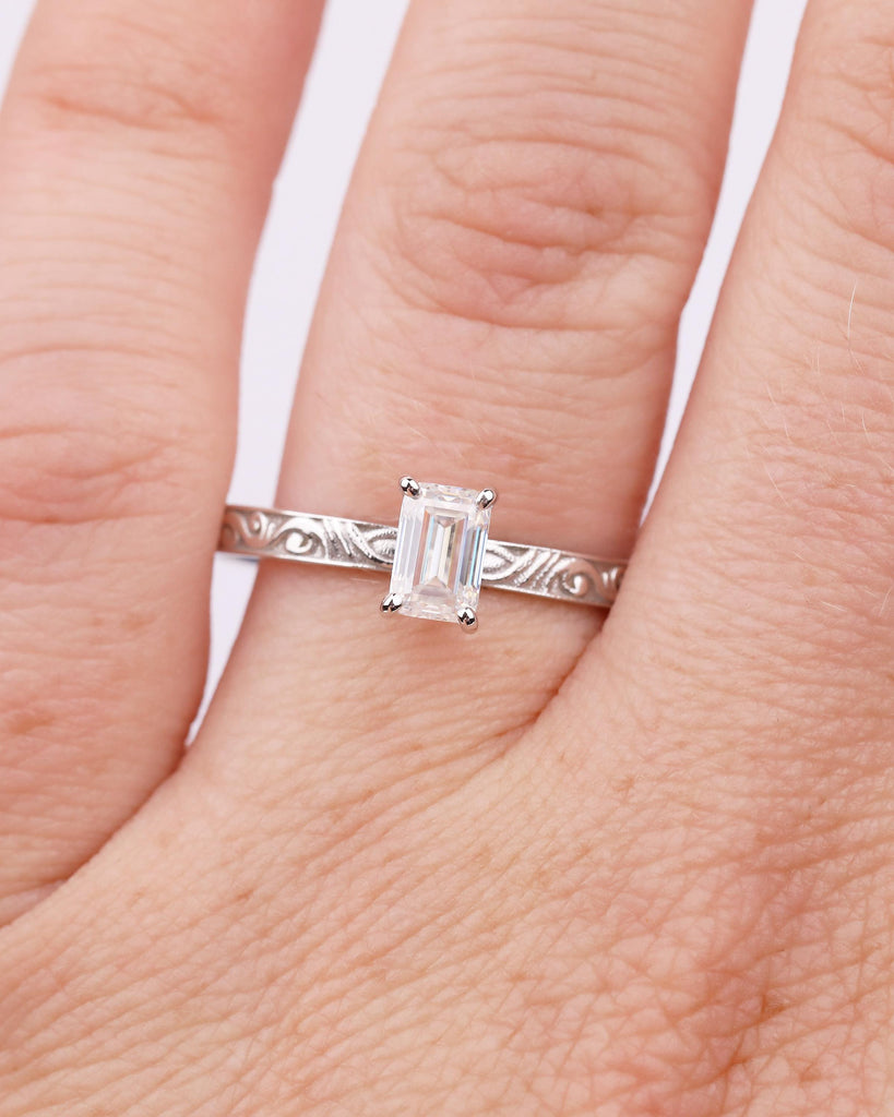 Emerald Cut Engagement Ring, Vintage Moissanite Promise Ring for Her, 14k White Gold Art Deco Scrollwork Band, Solitaire Anniversary Rings image #4
