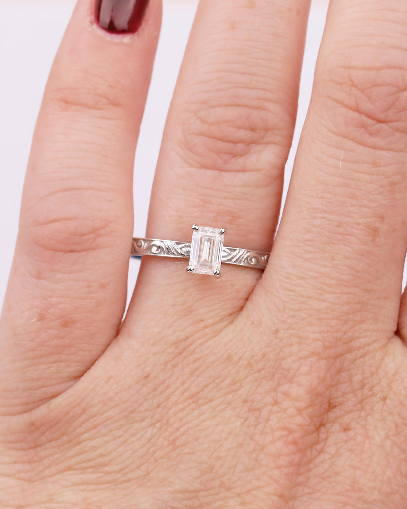 Moissanite Solitaire Engagement Ring, Emerald Cut 14k Solid Gold Filigree Ring image #16
