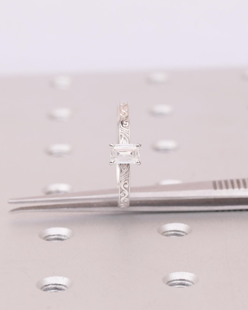 Lab Created Diamond Emerald Cut Ring, 14k Gold Engagement Ring, Vintage Engraved Band, Unique Bridal Jewelry, Personalized Rings for Women image #9