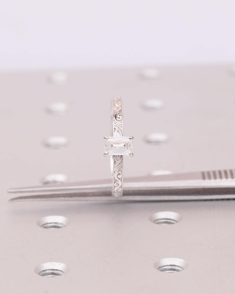Emerald Cut Lab Grown Diamond Solitaire Engagement Ring, Filigree 14K White Gold Ring image #9