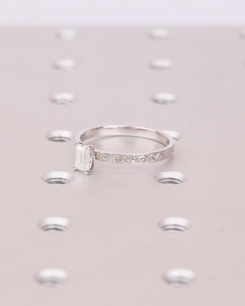 Lab Created Diamond Emerald Cut Ring, 14k Gold Engagement Ring, Vintage Engraved Band, Unique Bridal Jewelry, Personalized Rings for Women image #3