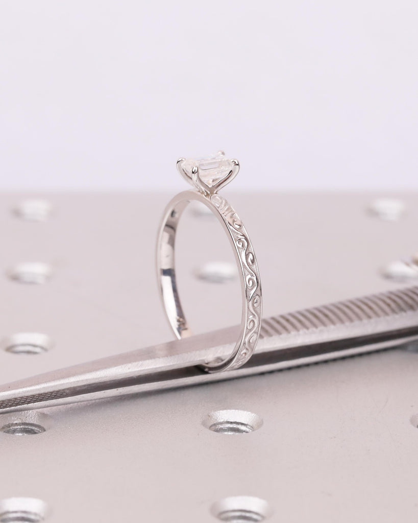 Lab Created Diamond Emerald Cut Ring, 14k Gold Engagement Ring, Vintage Engraved Band, Unique Bridal Jewelry, Personalized Rings for Women image #12