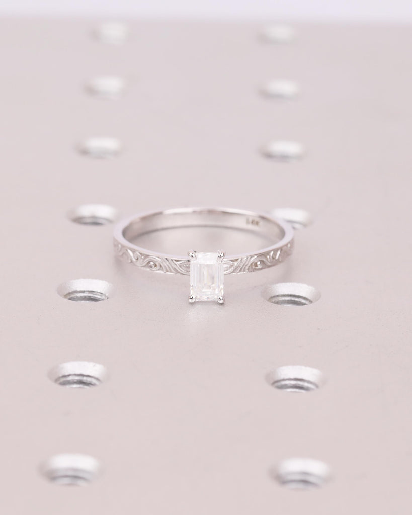 Lab Created Diamond Emerald Cut Ring, 14k Gold Engagement Ring, Vintage Engraved Band, Unique Bridal Jewelry, Personalized Rings for Women image #13
