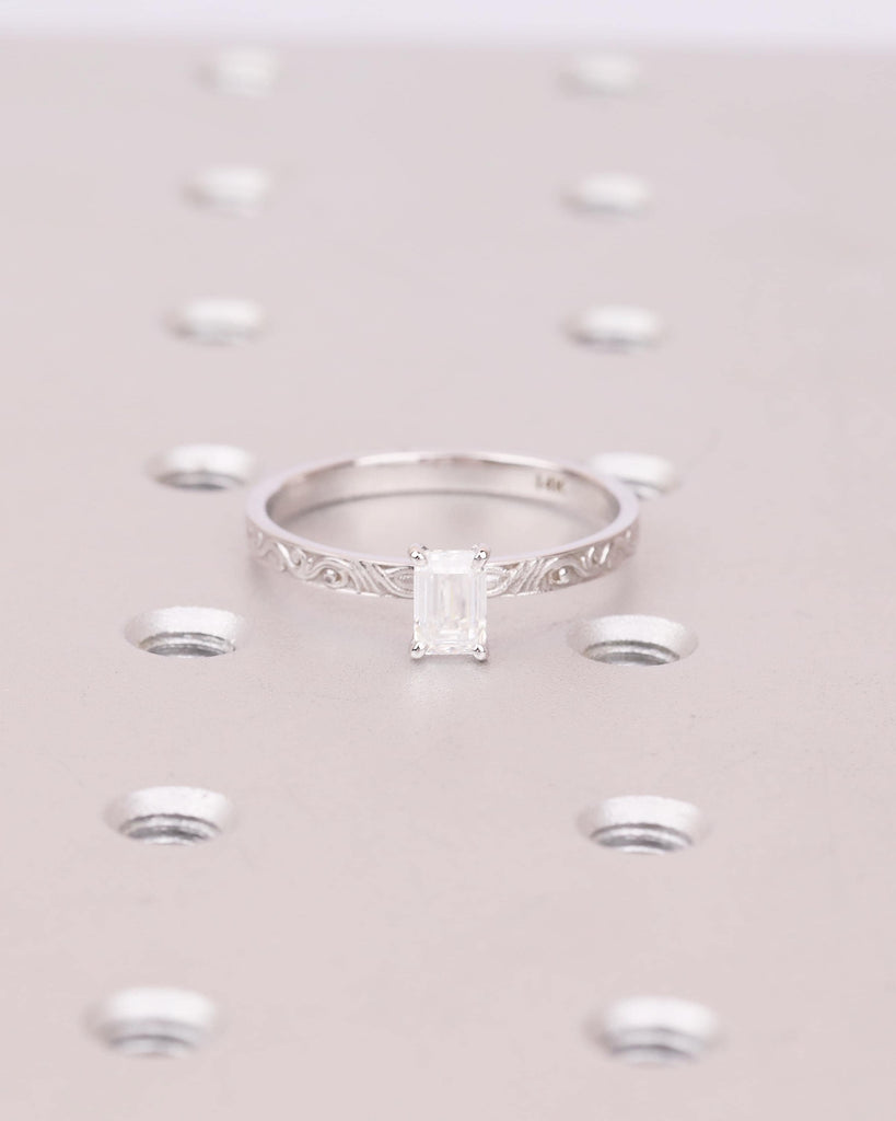 Emerald Cut Lab Grown Diamond Solitaire Engagement Ring, Filigree 14K White Gold Ring image #13