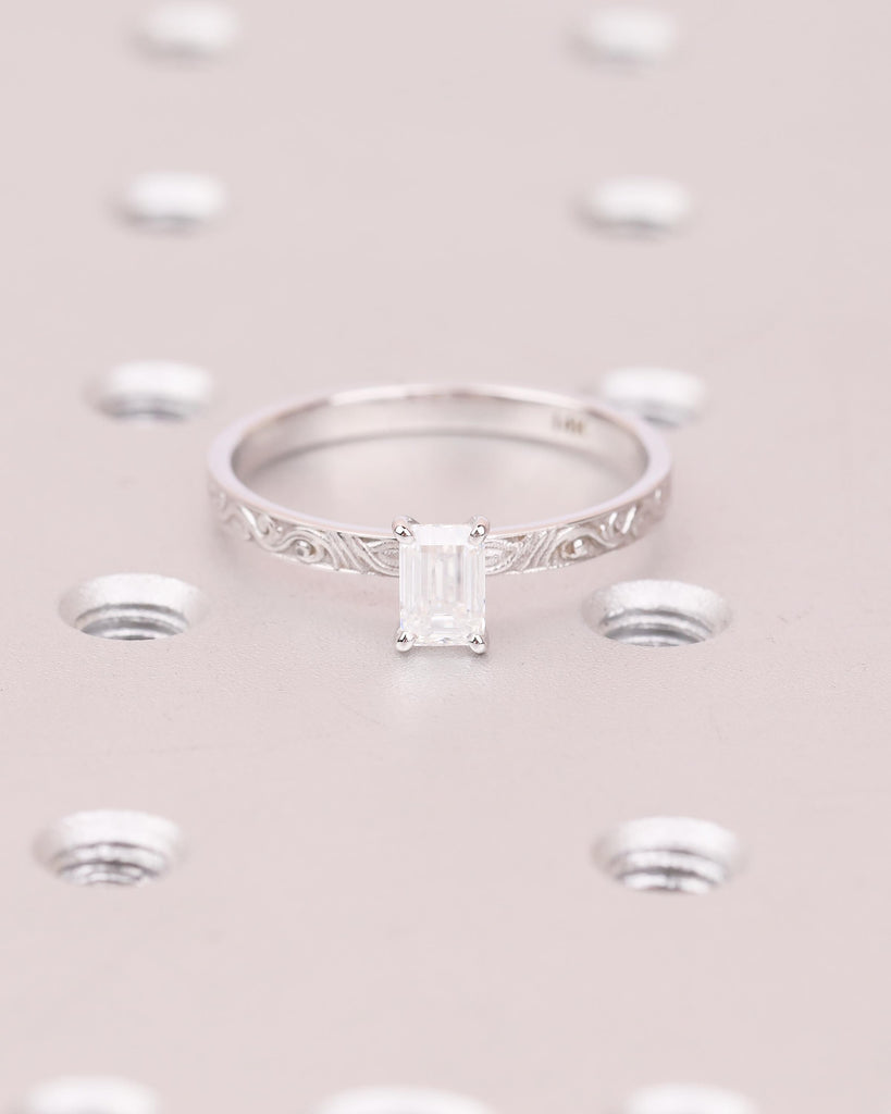 Lab Created Diamond Emerald Cut Ring, 14k Gold Engagement Ring, Vintage Engraved Band, Unique Bridal Jewelry, Personalized Rings for Women image #5