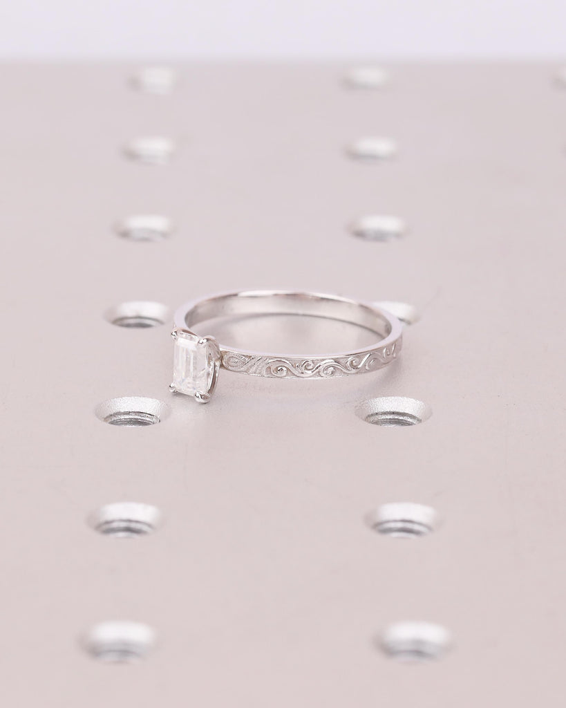 Emerald Cut Engagement Ring, Vintage Moissanite Promise Ring for Her, 14k White Gold Art Deco Scrollwork Band, Solitaire Anniversary Rings image #2