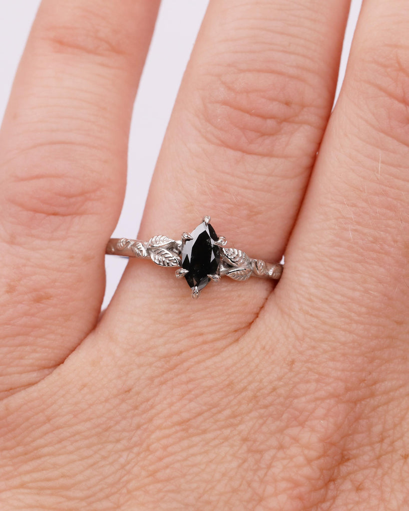 Marquise Salt and Pepper Diamond Engagement Ring, Vintage Nature Inspired Ring, Platinum Promise Rings for Women, Solitaire Handmade Jewelry image #2
