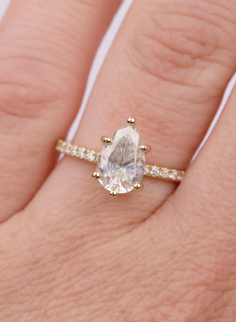 Lab Grown Dimond Gold Rings Women, Pear Cut Diamond Hidden Halo Engagement Ring, 14K 18K Gold image #4