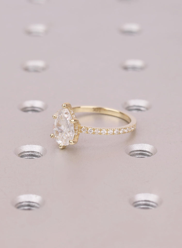 Lab Grown Dimond Gold Rings Women, Pear Cut Diamond Hidden Halo Engagement Ring, 14K 18K Gold image #1
