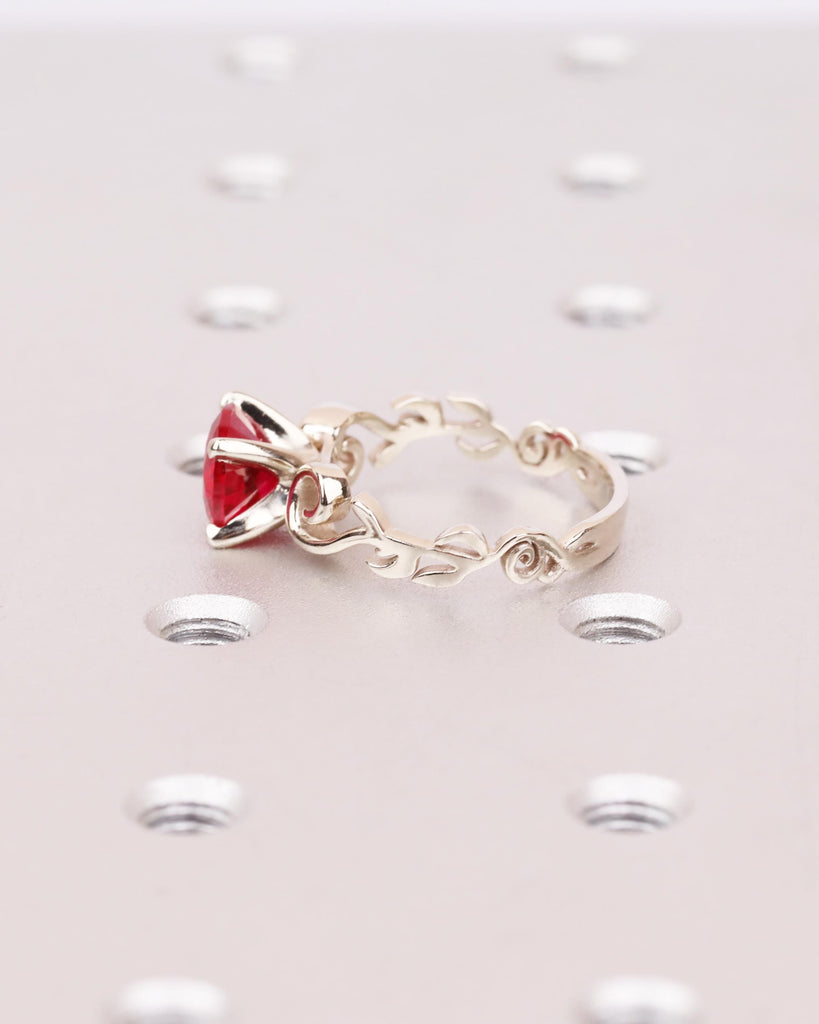 Vintage Ruby Engagement Ring in Solid 14K White Gold, Nature Inspired Leaf Flower Ring, Red Art Deco Promise Ring, Unique Anniversary Ring image #9