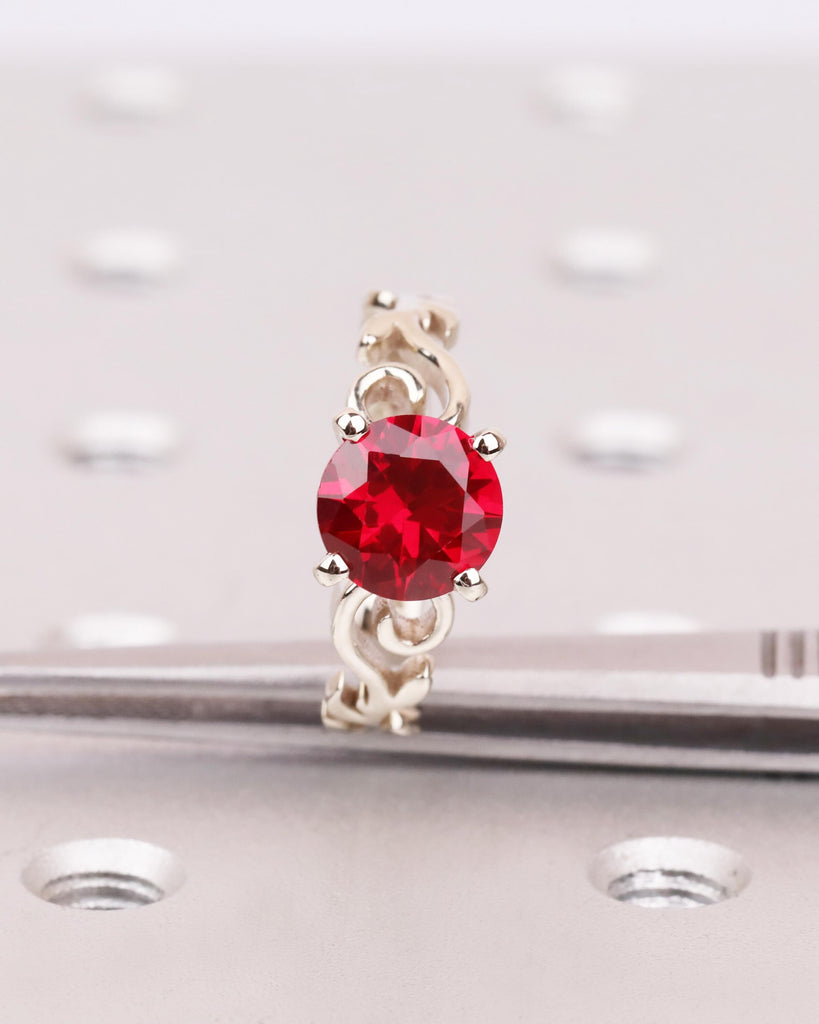 Round Lab Ruby Engagement Ring, Vintage White Gold Ring, Nature Inspired Floral Ring with Sculpted Leaf Scroll Wedding Ring, July Birthstone image #9