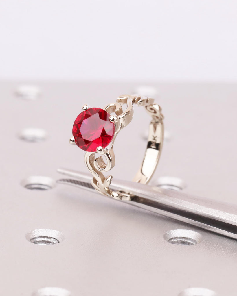 Round Lab Ruby Engagement Ring, Vintage White Gold Ring, Nature Inspired Floral Ring with Sculpted Leaf Scroll Wedding Ring, July Birthstone image #8