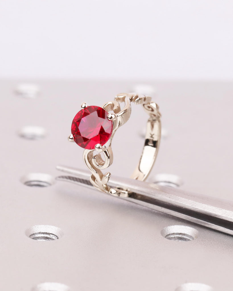 Vintage Ruby Engagement Ring in Solid 14K White Gold, Nature Inspired Leaf Flower Ring, Red Art Deco Promise Ring, Unique Anniversary Ring image #6