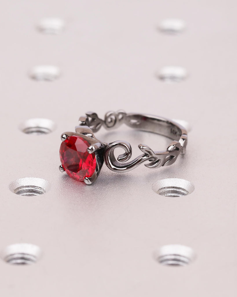 Round Lab Ruby Engagement Ring, 14K Black Gold Ring, Nature Inspired Floral Ring, Sculpted Leaf Scroll Wedding Ring, Gothic Red & Black Ring image #2