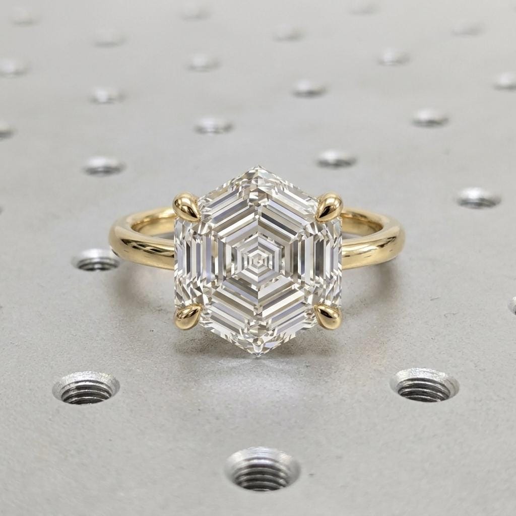 Hexagon Diamond Solitaire Engagement Ring | 14k/18k Women Gold Ring | Unique Geometrical Ring Bridal Jewelry Gift for Her image #3