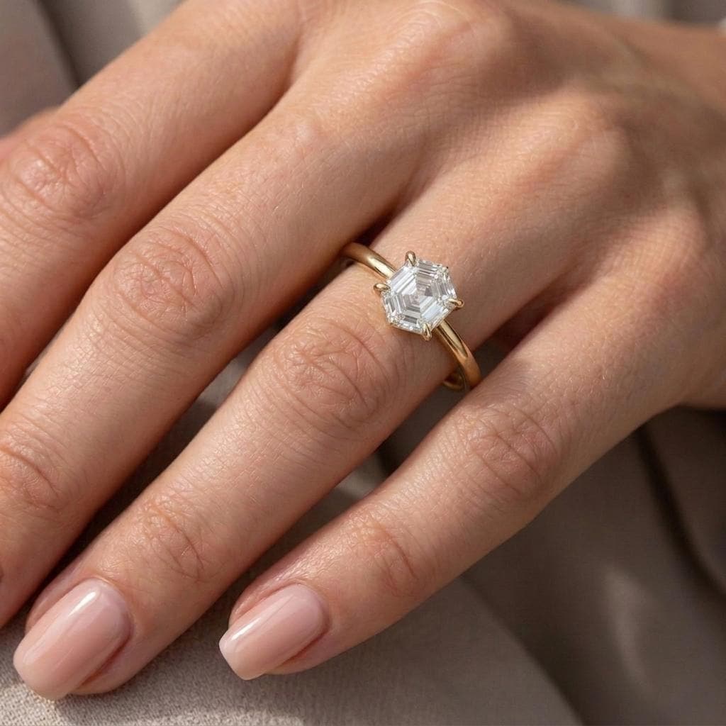 Hexagon Diamond Solitaire Engagement Ring | 14k/18k Women Gold Ring | Unique Geometrical Ring Bridal Jewelry Gift for Her image #2