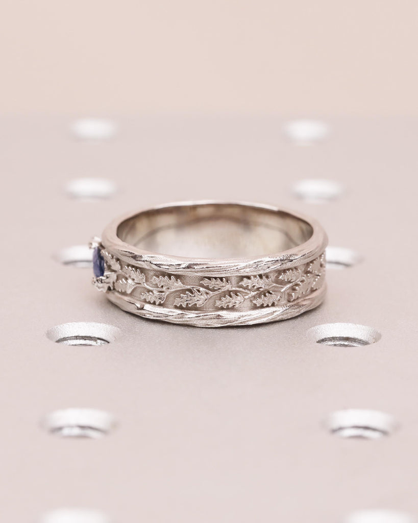 Blue Sapphire Men's Wedding Band in 7mm, 14k Solid Gold Oak Leaf Engraved Wedding Ring, September Birthstone, Promise Ring for Him image #7