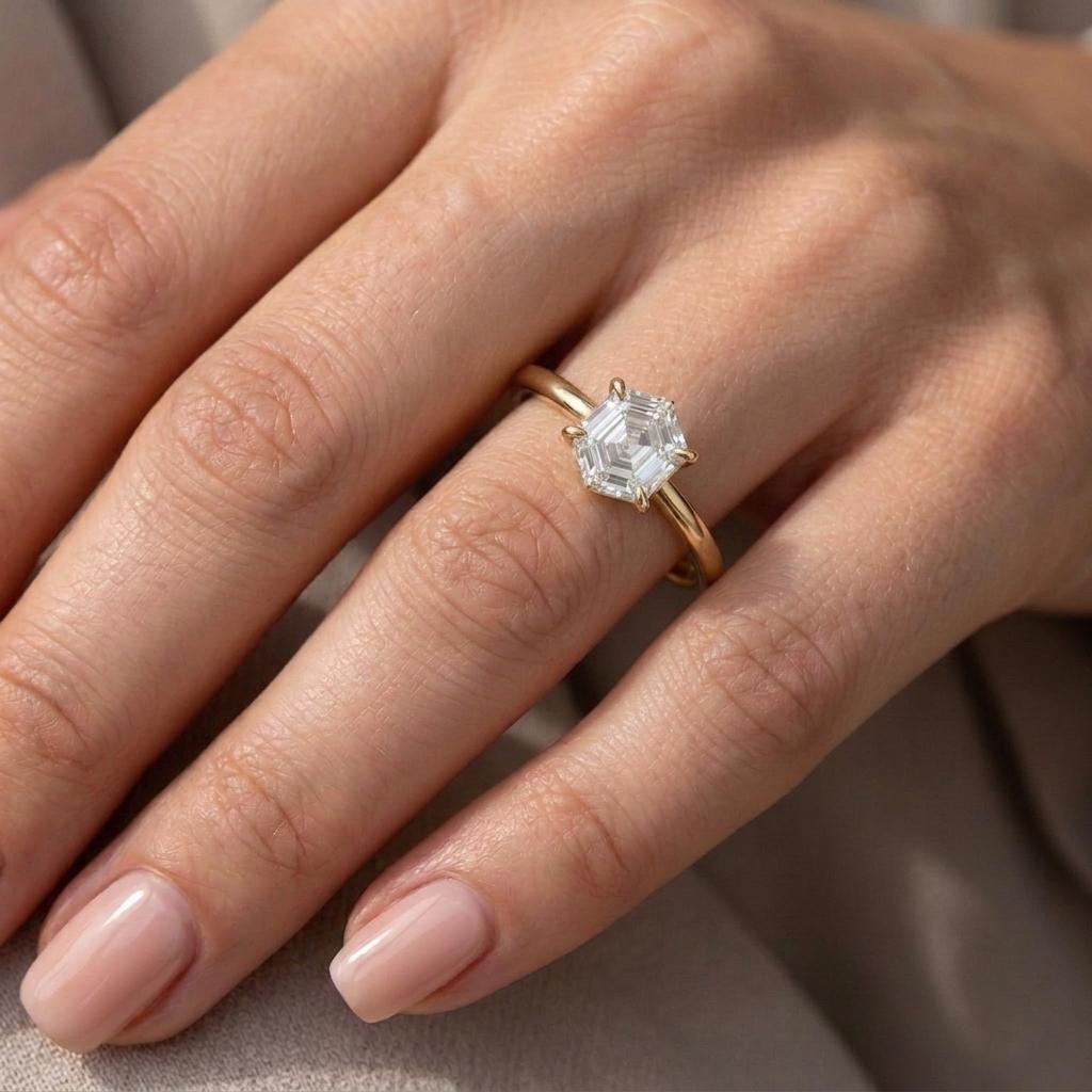 Hexagon cut Moissanite Custom Engagement Ring | 14K Yellow Gold Wedding Bands for Women  | Unique Anniversary Gift image #2