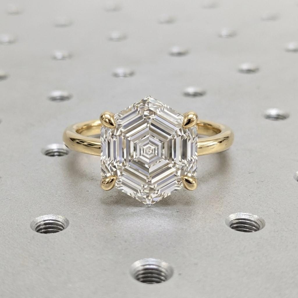 Hexagon cut Moissanite Custom Engagement Ring | 14K Yellow Gold Wedding Bands for Women  | Unique Anniversary Gift