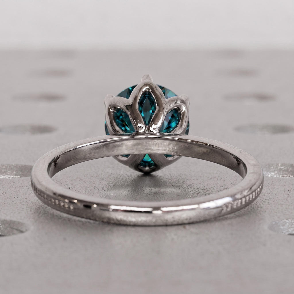 Blue Green Sapphire Round Solitaire Ring | September Birthstone Platinum Wedding Ring Anniversary Gift for Her | Vintage Milgrain Band image #5