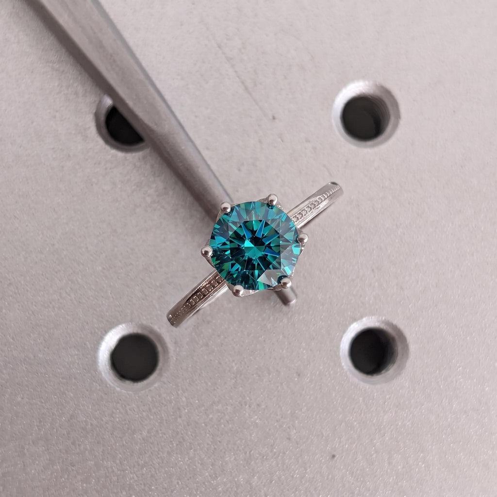 Blue Green Sapphire Round Solitaire Ring | September Birthstone Platinum Wedding Ring Anniversary Gift for Her | Vintage Milgrain Band image #1