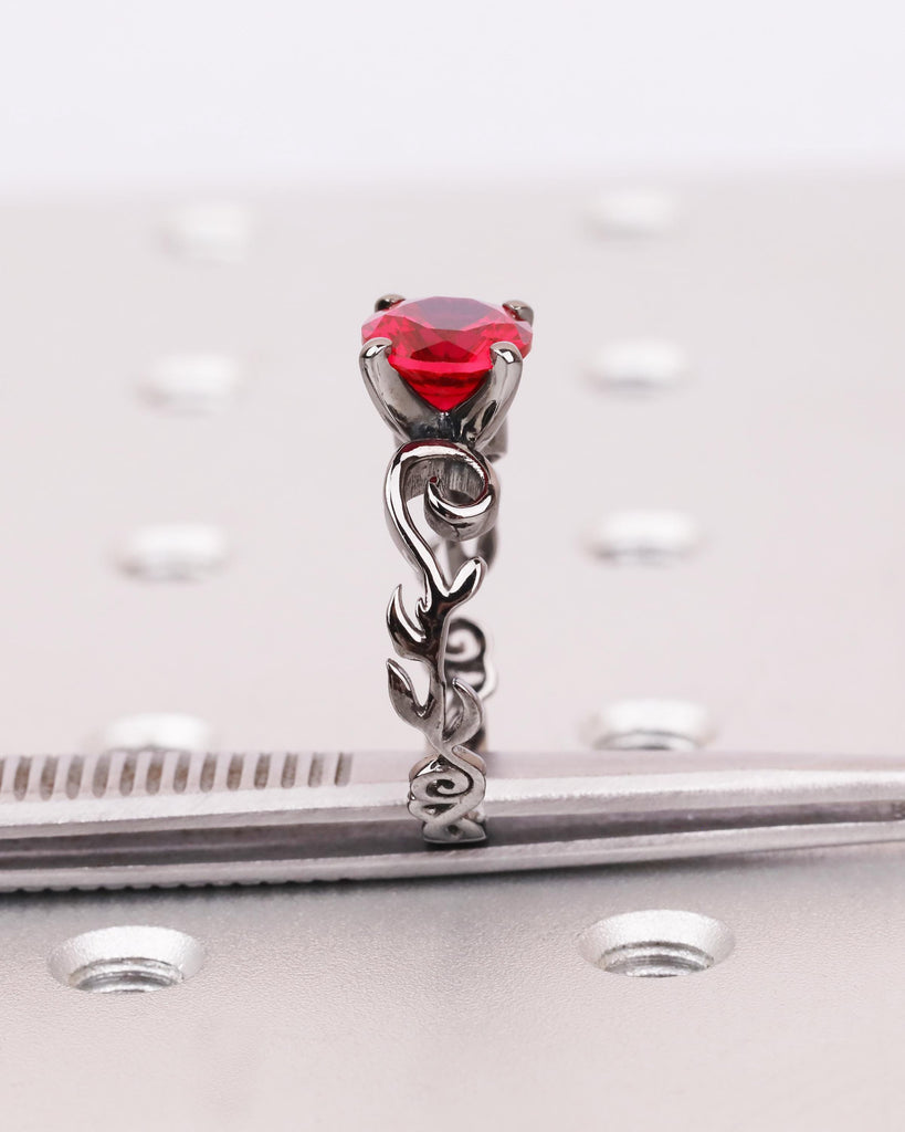 Vintage Ruby Engagement Ring in Solid 14K Black Gold, Nature Inspired Leaf Flower Ring, Red Art Deco Promise Ring, Unique Anniversary Ring image #9